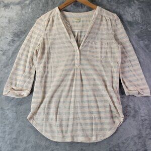 Cremieux Womens XS Beige Silver Striped Henley Top 3/4 Sleeve Casual Sparkle